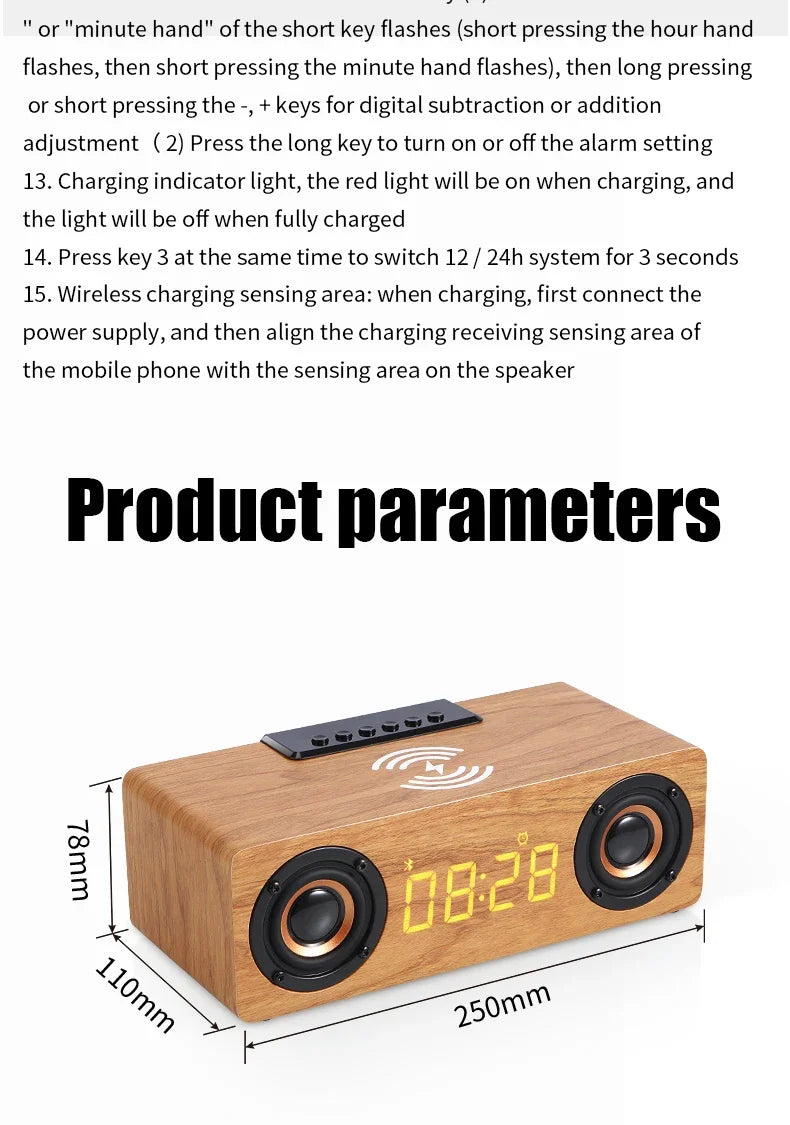 Wooden Multifunctional Bluetooth Speaker Alarm Clock Wireless Charger Phone Wireless FM Radio Fast Charging - Ruwan audio