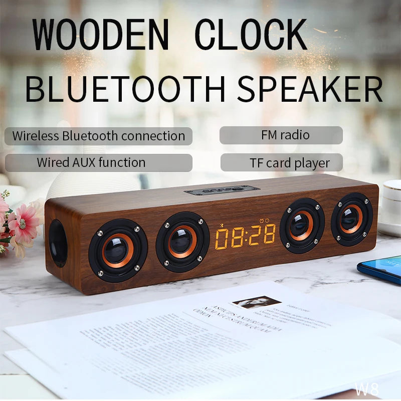 Wireless Bluetooth 5.0 Speakers For Computers Wooden Alarm Clock Display Sound System - Ruwan audio