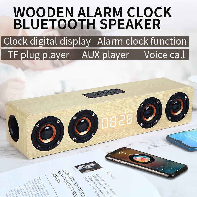 Wireless Bluetooth 5.0 Speakers For Computers Wooden Alarm Clock Display Sound System - Ruwan audio