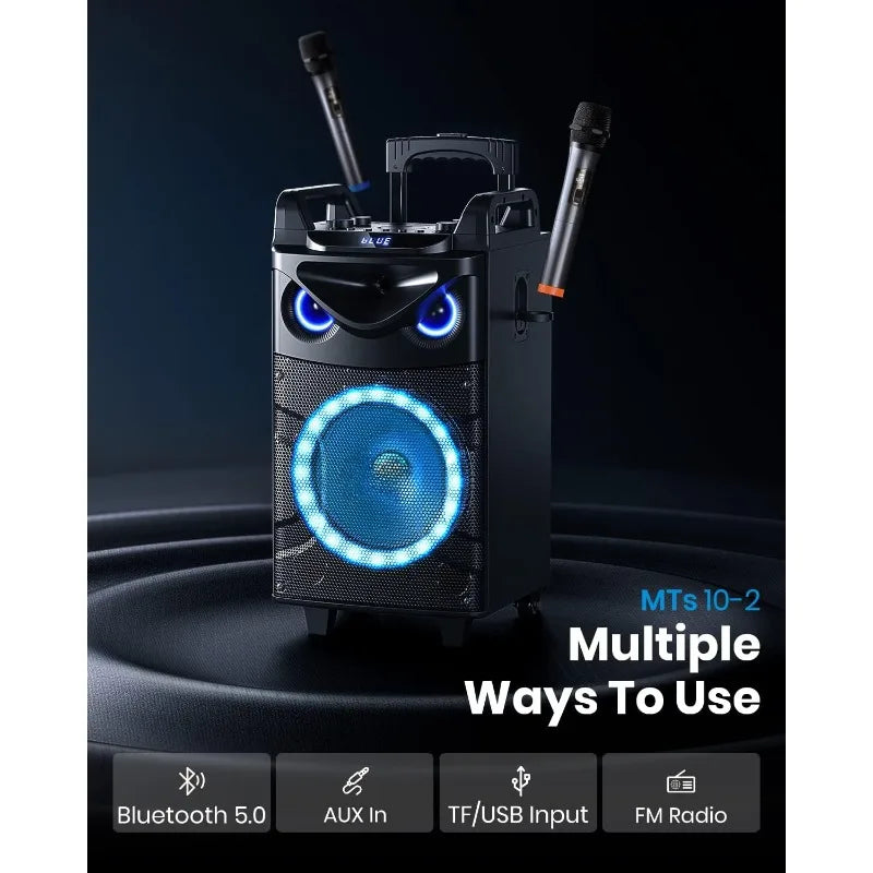 Karaoke Machine, 10" Woofer Portable PA System, Bluetooth Speaker with 2 Wireless Microphones, Lyrics Display Tablet Holder - Ruwan audio