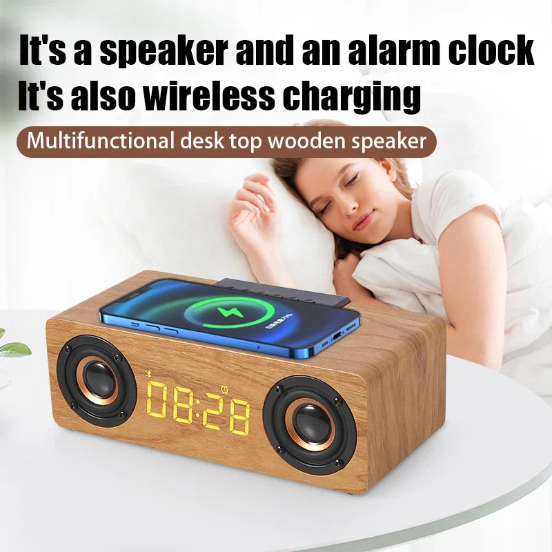 Wooden Multifunctional Bluetooth Speaker Alarm Clock Wireless Charger Phone Wireless FM Radio Fast Charging - Ruwan audio