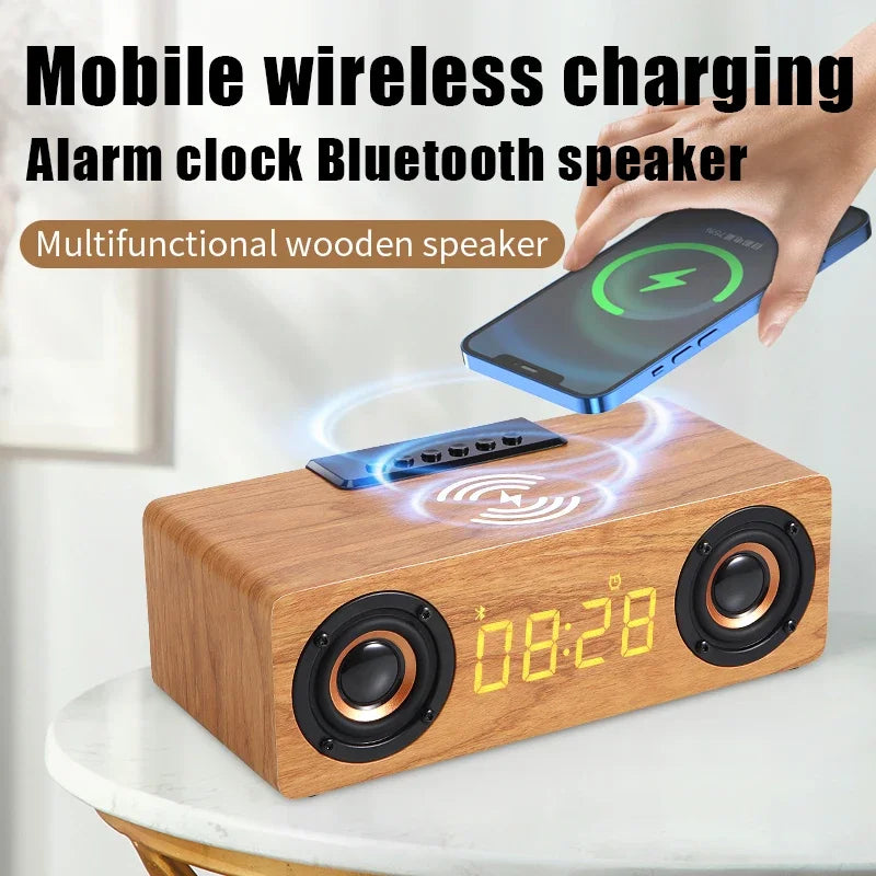 Wooden Multifunctional Bluetooth Speaker Alarm Clock Wireless Charger Phone Wireless FM Radio Fast Charging - Ruwan audio