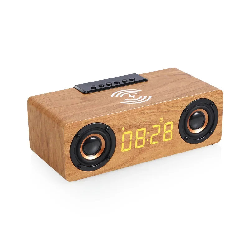 Wooden Multifunctional Bluetooth Speaker Alarm Clock Wireless Charger Phone Wireless FM Radio Fast Charging - Ruwan audio