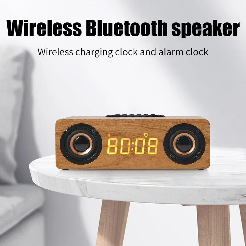 Wooden Multifunctional Bluetooth Speaker Alarm Clock Wireless Charger Phone Wireless FM Radio Fast Charging - Ruwan audio