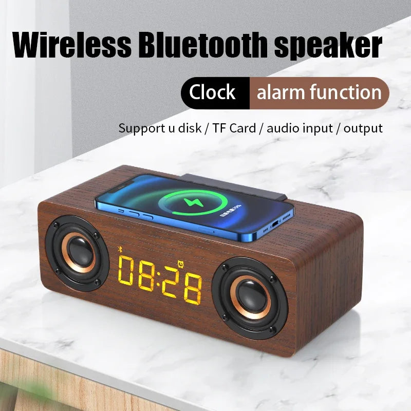 Wooden Multifunctional Bluetooth Speaker Alarm Clock Wireless Charger Phone Wireless FM Radio Fast Charging - Ruwan audio