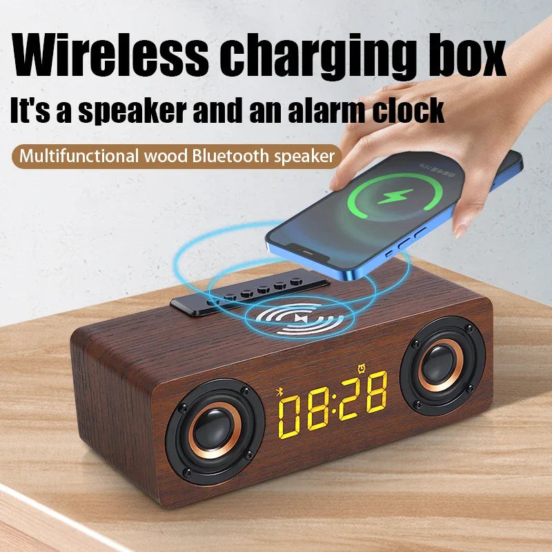 Wooden Multifunctional Bluetooth Speaker Alarm Clock Wireless Charger Phone Wireless FM Radio Fast Charging - Ruwan audio