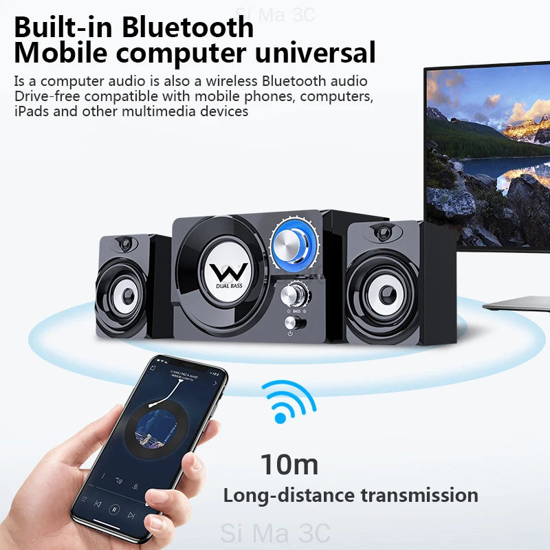 Home Theatre 2.1 Wooden Subwoofer USB Computer Speakers Music Center Caixa De Som Bluetooth 3.5mm Audio Player for TV/laptop PC - Ruwan audio