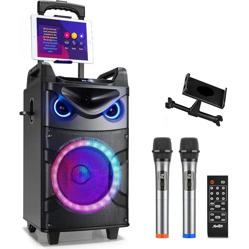 Karaoke Machine, 10" Woofer Portable PA System, Bluetooth Speaker with 2 Wireless Microphones, Lyrics Display Tablet Holder - Ruwan audio